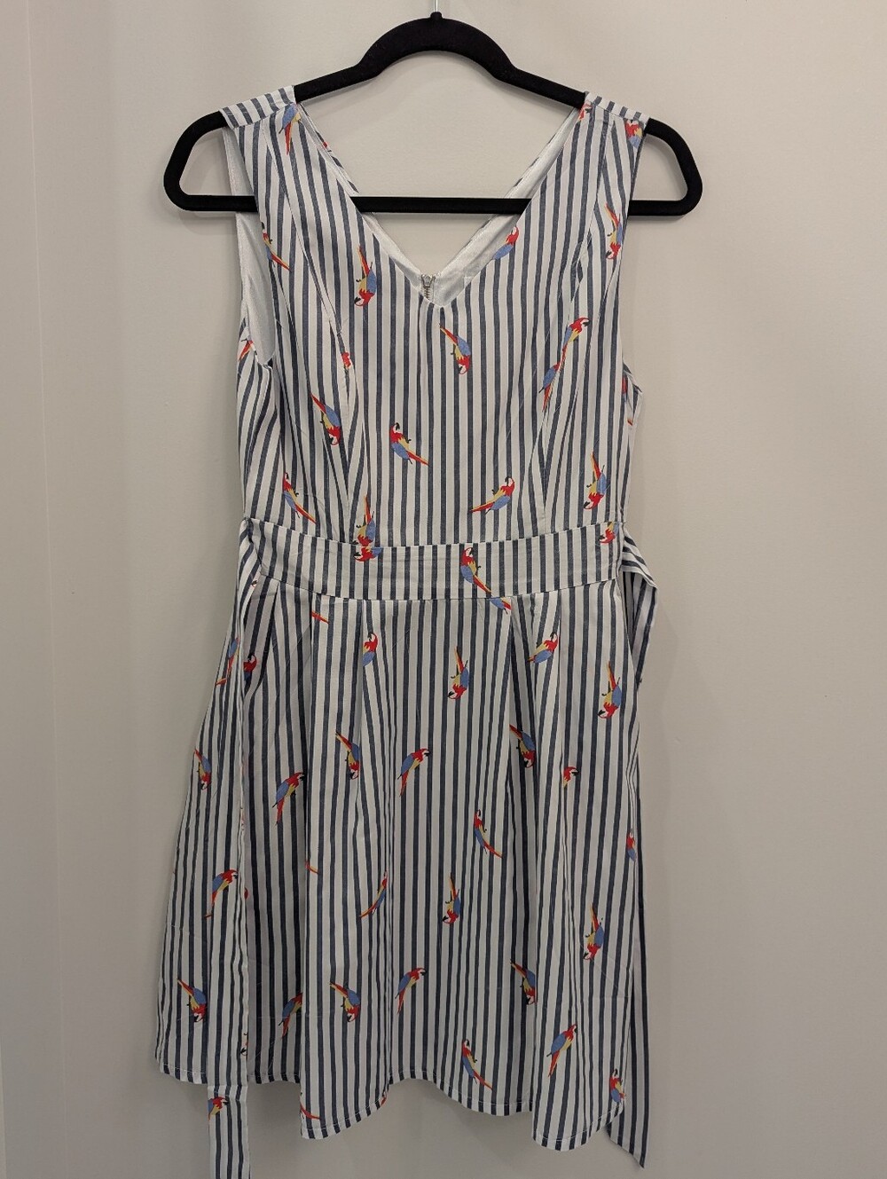 LA Soul Striped Sleeveless Dress with Colorful Parrot Print